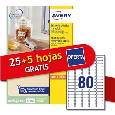 Avery L4732REV-30P Weiße Papier-Klebeetiketten, entfernbar, keine Rückstände, 25 + 5 zusätzliche Blätter, rechteckig, 35,6 x 16,9 mm, 80 Etiketten pro Blatt, abnehmbarer Aufkleber, Laser Avery L4732REV-30P Weiße Papier-Klebeetiketten, entfernbar, keine Rückstände, 25 + 5 zusätzliche Blätter, rechteckig, 35,6 x 16,9 mm, 80 Etiketten pro Blatt, abnehmbarer Aufkleber, Laser