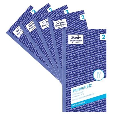 Avery 832-5 Bonbuch (105x198mm, 1.500 Bons mit Kellner-Nr. 2, mit einem Blatt Blaupapier und je einem Durchschlag, 5 Blöcke mit je 300 Stück, ideal für den Gastronomiebedarf) gelb/weiß Avery 832-5 Bonbuch (105x198mm, 1.500 Bons mit Kellner-Nr. 2, mit einem Blatt Blaupapier und je einem Durchschlag, 5 Blöcke mit je 300 Stück, ideal für den Gastronomiebedarf) gelb/weiß