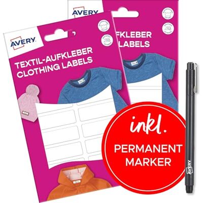 Avery ETVET36X2PEN Set Namensaufkleber wasserfest für Kleidung 72 Stück (13x45mm, Vinyl-Folie, selbstklebende Textil-Etiketten, beschriftbare Textilaufkleber für Waschmaschine,Trockner) weiß Avery ETVET36X2PEN Set Namensaufkleber wasserfest für Kleidung 72 Stück (13x45mm, Vinyl-Folie, selbstklebende Textil-Etiketten, beschriftbare Textilaufkleber für Waschmaschine,Trockner) weiß