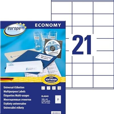 Europe100 Art. ELA045 Adressaufkleber (2.100 Klebeetiketten, 70x41mm auf A4, Papier matt, individuell bedruckbar, selbstklebende Adressetiketten, kompatibel zu AVERY 3481) 100 Blatt, weiß Europe100 Art. ELA045 Adressaufkleber (2.100 Klebeetiketten, 70x41mm auf A4, Papier matt, individuell bedruckbar, selbstklebende Adressetiketten, kompatibel zu AVERY 3481) 100 Blatt, weiß