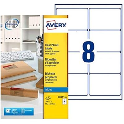 Avery J8565–25 200 transparente, selbstklebende Etiketten; personalisierbar; 99,1 mm x 67,7 mm; Druck: Inkjet Avery J8565–25 200 transparente, selbstklebende Etiketten; personalisierbar; 99,1 mm x 67,7 mm; Druck: Inkjet