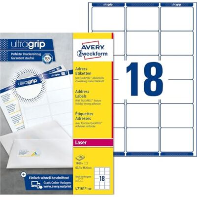 Avery L7161-100 Adressetiketten/Adressaufkleber (1.800 Etiketten mit ultragrip, 63,5x46,6mm auf A4, bedruckbar, selbstklebend, für DIN B6/C6 Briefkuverts, Papier matt) 100 Blatt, weiß Avery L7161-100 Adressetiketten/Adressaufkleber (1.800 Etiketten mit ultragrip, 63,5x46,6mm auf A4, bedruckbar, selbstklebend, für DIN B6/C6 Briefkuverts, Papier matt) 100 Blatt, weiß