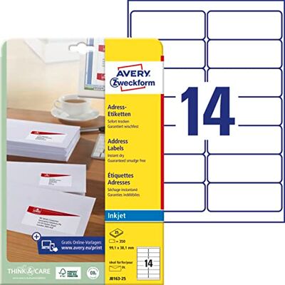 Avery J8163-25 Adressetiketten/Adressaufkleber (350 Etiketten, 99,1x38,1mm auf A4, bedruckbar, selbstklebend, für DIN lang Briefkuverts, Papier matt, Inkjet-Drucker) 25 Blatt, weiß Avery J8163-25 Adressetiketten/Adressaufkleber (350 Etiketten, 99,1x38,1mm auf A4, bedruckbar, selbstklebend, für DIN lang Briefkuverts, Papier matt, Inkjet-Drucker) 25 Blatt, weiß