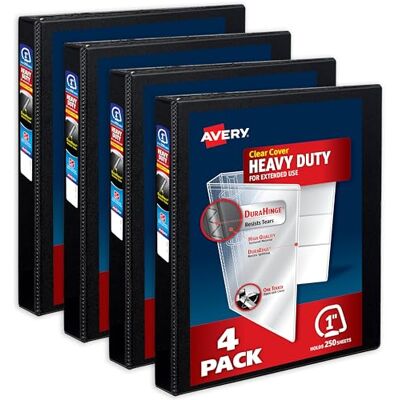 Avery Strapazierfähige 3-Ringbinder, 2,5 cm One-Touch-schräge Ringe, DuraHinge, 3,6 cm breiter Rücken, anpassbarer transparenter Deckel und Rücken, schwarze Ordner (4 Stück 79868) Avery Strapazierfähige 3-Ringbinder, 2,5 cm One-Touch-schräge Ringe, DuraHinge, 3,6 cm breiter Rücken, anpassbarer transparenter Deckel und Rücken, schwarze Ordner (4 Stück 79868)