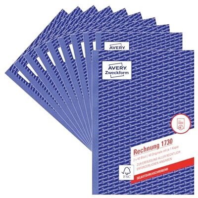 Avery 1730-10 Rechnung (A5, 2x40 Blatt, selbstdurchschreibend mit farbigem Durchschlag, enthält alle vom Finanzamt geforderten Angaben) 10er-Pack, Blau/weiß Avery 1730-10 Rechnung (A5, 2x40 Blatt, selbstdurchschreibend mit farbigem Durchschlag, enthält alle vom Finanzamt geforderten Angaben) 10er-Pack, Blau/weiß