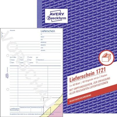 Avery 1721 Lieferschein mit Empfangsschein (A5, 3x40 Blatt, selbstdurchschreibend mit farbigem Durchschlag, zur Erfassung aller relevanten Lieferpositionen) weiß/gelb/rosa Avery 1721 Lieferschein mit Empfangsschein (A5, 3x40 Blatt, selbstdurchschreibend mit farbigem Durchschlag, zur Erfassung aller relevanten Lieferpositionen) weiß/gelb/rosa