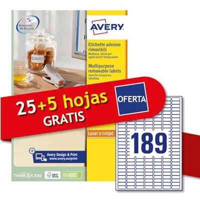 Avery L4731REV-30P Klebeetiketten aus weißem Papier, ablösbar, keine Rückstände, 25 + 5 extra Blätter, rechteckig 25,4 x 10 mm, 189 Etiketten pro Blatt, ablösbarer Aufkleber, Avery L4731REV-30P Klebeetiketten aus weißem Papier, ablösbar, keine Rückstände, 25 + 5 extra Blätter, rechteckig 25,4 x 10 mm, 189 Etiketten pro Blatt, ablösbarer Aufkleber,