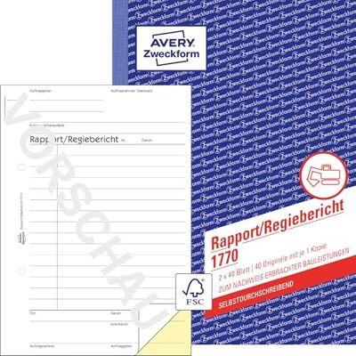 Avery 1770 Rapport/Regiebericht (A5, selbstdurchschreibend, von Rechtsexperten geprüft, für Deutschland und Österreich zur Dokumentation der Arbeitsleistung, 2x40 Blatt) weiß/gelb Avery 1770 Rapport/Regiebericht (A5, selbstdurchschreibend, von Rechtsexperten geprüft, für Deutschland und Österreich zur Dokumentation der Arbeitsleistung, 2x40 Blatt) weiß/gelb