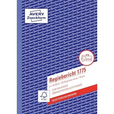 Avery 1775 Regiebericht (A5, selbstdurchschreibend, von Rechtsexperten geprüft, für Deutschland u.Österreich zur Dokumentation von Arbeitsleistung u. Materialverbrauch, 2x40 Blatt) weiß/gelb Avery 1775 Regiebericht (A5, selbstdurchschreibend, von Rechtsexperten geprüft, für Deutschland u.Österreich zur Dokumentation von Arbeitsleistung u. Materialverbrauch, 2x40 Blatt) weiß/gelb