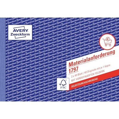 Avery 1797 Materialanforderung (A5 quer, 2x40 Blatt, selbstdurchschreibend und 1 Durchschlag, zur Angabe von Menge, Bezeichnung, Kostenstelle, Verbrauch, Buchung u.v.m) weiß/gelb Avery 1797 Materialanforderung (A5 quer, 2x40 Blatt, selbstdurchschreibend und 1 Durchschlag, zur Angabe von Menge, Bezeichnung, Kostenstelle, Verbrauch, Buchung u.v.m) weiß/gelb