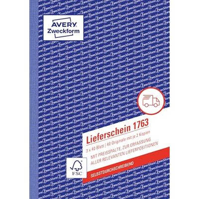 Avery 1763 Lieferschein mit Preisspalte (A5, 3x40 Blatt, selbstdurchschreibend mit farbigen Durchschlägen, zur Erfassung aller relevanten Lieferpositionen) weiß/gelb/rosa Avery 1763 Lieferschein mit Preisspalte (A5, 3x40 Blatt, selbstdurchschreibend mit farbigen Durchschlägen, zur Erfassung aller relevanten Lieferpositionen) weiß/gelb/rosa