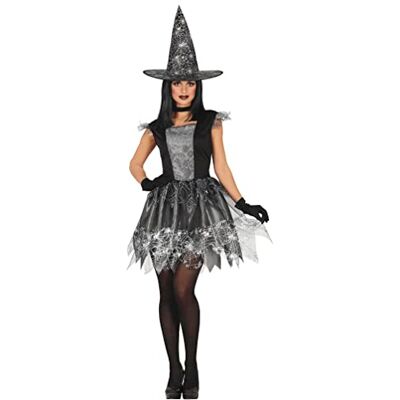 FIESTAS GUIRCA Hexe Damenkostüm Größe L 42-44 Hut und Kleid 2-teiliges Set Silbernes Spinnennetz-Design Mit Hexenhut Polyester Karneval & Fasching, Halloween, Mottopartys FIESTAS GUIRCA Hexe Damenkostüm Größe L 42-44 Hut und Kleid 2-teiliges Set Silbernes Spinnennetz-Design Mit Hexenhut Polyester Karneval & Fasching, Halloween, Mottopartys
