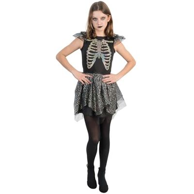 Chaks Kinderkostüm Skelett mit Glitzerrock, Halloween Kleid Skelett Kleid mit Strass und Tüll, Grusel Kostüm für Mädchen, Karneval, Halloween und Mottoparty Chaks Kinderkostüm Skelett mit Glitzerrock, Halloween Kleid Skelett Kleid mit Strass und Tüll, Grusel Kostüm für Mädchen, Karneval, Halloween und Mottoparty