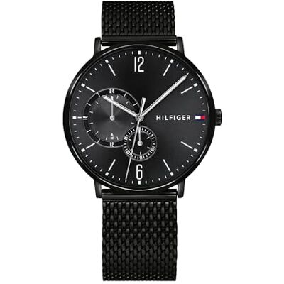 Tommy Hilfiger Herren 40mm Analoge Multifunktions-Quarz-Uhr Schwarzes Zifferblatt, Edelstahl-Mesh-Armband mit schwarzer IP, 2 Sub-Dials, 3ATM Wasserbeständigkeit 1791507 Tommy Hilfiger Herren 40mm Analoge Multifunktions-Quarz-Uhr Schwarzes Zifferblatt, Edelstahl-Mesh-Armband mit schwarzer IP, 2 Sub-Dials, 3ATM Wasserbeständigkeit 1791507