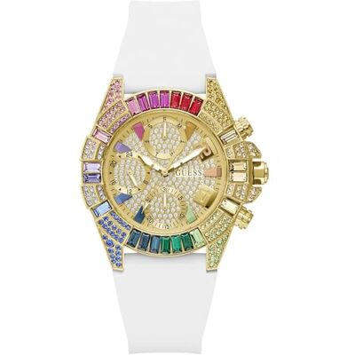 GUESS True, Damen Armbanduhr, Quarz Analog, Edelstahl, 39mm, Silikonarmband, Weiß, 5 bar, Zifferblattfarbe: Champagner, Datumsanzeige, GW1047L2 GUESS True, Damen Armbanduhr, Quarz Analog, Edelstahl, 39mm, Silikonarmband, Weiß, 5 bar, Zifferblattfarbe: Champagner, Datumsanzeige, GW1047L2