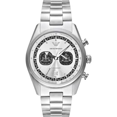 Giorgio Armani Watch for Men, Quarz-Chronographenwerk mit 2 Hilfszifferblättern und 42mm Gehäusegröße mit Edelstahlarmband Giorgio Armani Watch for Men, Quarz-Chronographenwerk mit 2 Hilfszifferblättern und 42mm Gehäusegröße mit Edelstahlarmband