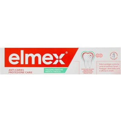ELMEX Zahnpasta gegen Karies, frischer Atem, 0% Farbstoffe – Karies – empfindliche Zähne, schmerzhaftes Zahnfleisch, Schutz des Zahnschmelzes – 75 ml ELMEX Zahnpasta gegen Karies, frischer Atem, 0% Farbstoffe – Karies – empfindliche Zähne, schmerzhaftes Zahnfleisch, Schutz des Zahnschmelzes – 75 ml