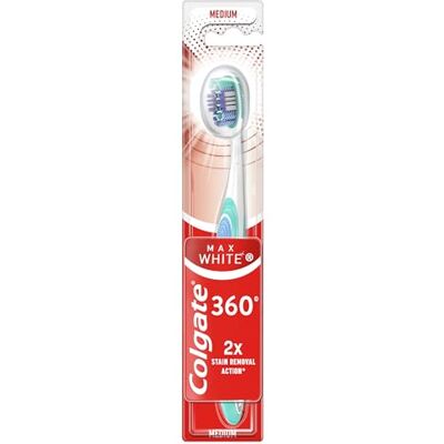 Colgate Max White 360 Zahnbürste, mittlere Härte, 1 Stück, hellt die Zähne auf, entfernt Flecken, reinigt schwer zugängliche Stellen, Zungen- und Wangenreiniger, entfernt schlechten Atem Colgate Max White 360 Zahnbürste, mittlere Härte, 1 Stück, hellt die Zähne auf, entfernt Flecken, reinigt schwer zugängliche Stellen, Zungen- und Wangenreiniger, entfernt schlechten Atem