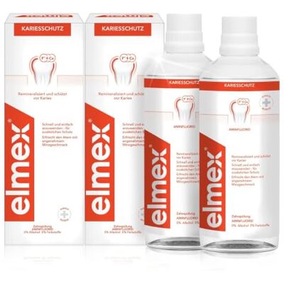 ELMEX Kariesschutz Zahnspülung, Ohne Alkohol, 2 x 400 ml Medizinische Mundspülung, mit Aminfluorid-Formel, stärkt den Zahnschmelz, schützt vor Karies und Zahnbelag ELMEX Kariesschutz Zahnspülung, Ohne Alkohol, 2 x 400 ml Medizinische Mundspülung, mit Aminfluorid-Formel, stärkt den Zahnschmelz, schützt vor Karies und Zahnbelag