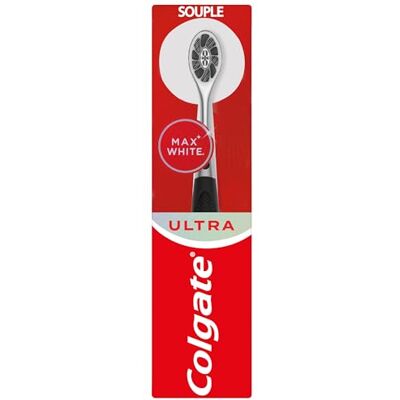 Colgate Max White Ultra Handzahnbürste – mit Kohle angereicherte Borsten – Entwickelt, um Flecken auf der Oberfläche zu entfernen Colgate Max White Ultra Handzahnbürste – mit Kohle angereicherte Borsten – Entwickelt, um Flecken auf der Oberfläche zu entfernen