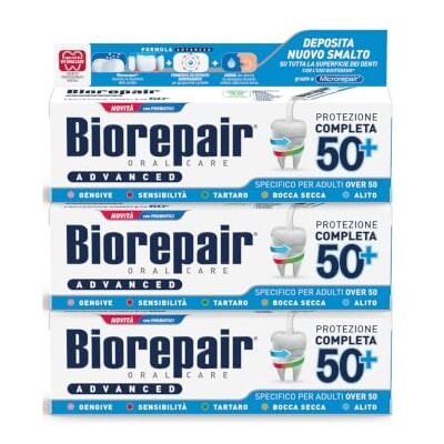 Biorepair , Advanced Zahnpasta Vollschutz 50+, für Erwachsene Over 50, mit MicroRepair, Probiotika und Antioxidantien-Extrakten, fluoridfrei, 3 x 75 ml Biorepair , Advanced Zahnpasta Vollschutz 50+, für Erwachsene Over 50, mit MicroRepair, Probiotika und Antioxidantien-Extrakten, fluoridfrei, 3 x 75 ml
