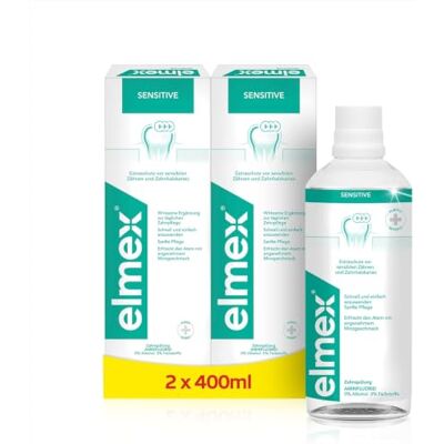 ELMEX Sensitive Zahnspülung, Ohne Alkohol, 2 x 400 ml Medizinische Mundspülung für schmerzempfindliche Zähne, mit Neo-Aminex Technologie gegen Zahnhalskaries ELMEX Sensitive Zahnspülung, Ohne Alkohol, 2 x 400 ml Medizinische Mundspülung für schmerzempfindliche Zähne, mit Neo-Aminex Technologie gegen Zahnhalskaries