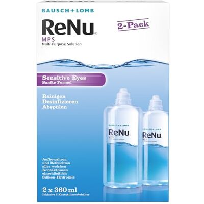 Bausch + Lomb ReNu MPS Sensitive Eyes Kombilösung Kontaktlinsenreiniger und Aufbewahrungslösung, weiche Kontaktlinsen, 2er Pack, 2 x 360 ml Bausch + Lomb ReNu MPS Sensitive Eyes Kombilösung Kontaktlinsenreiniger und Aufbewahrungslösung, weiche Kontaktlinsen, 2er Pack, 2 x 360 ml