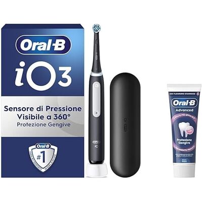 Oral-B Wiederaufladbare elektrische Zahnbürste iO 3 Schwarz, 1 elektrische Zahnbürste, 1 Ersatzkopf, Reiseetui + Zahnpasta Advanced Zahnfleischschutz, effektive Zahnreinigung Oral-B Wiederaufladbare elektrische Zahnbürste iO 3 Schwarz, 1 elektrische Zahnbürste, 1 Ersatzkopf, Reiseetui + Zahnpasta Advanced Zahnfleischschutz, effektive Zahnreinigung