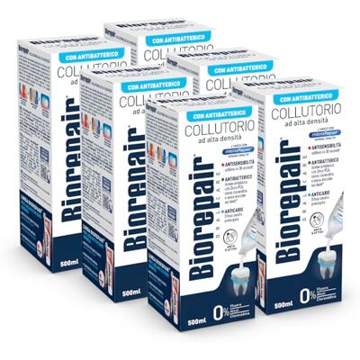 Biorepair , Mundspülung für empfindliche Zähne, 3-in-1: antibakteriell, Anti-Karium, Antisensibilität, mit Mikro-Repair und PCA-Zink. Ohne Fluor und Chlorhexidin, Packung mit 500 ml, 6 Packungen Biorepair , Mundspülung für empfindliche Zähne, 3-in-1: antibakteriell, Anti-Karium, Antisensibilität, mit Mikro-Repair und PCA-Zink. Ohne Fluor und Chlorhexidin, Packung mit 500 ml, 6 Packungen