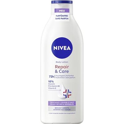 NIVEA parfümfreie Bodylotion Repair & Care (400 ml), feuchtigkeitsspendende Creme, schnell einziehende Bodylotion mit Glycerin & Provitamin B5, Lotion für sensible Haut NIVEA parfümfreie Bodylotion Repair & Care (400 ml), feuchtigkeitsspendende Creme, schnell einziehende Bodylotion mit Glycerin & Provitamin B5, Lotion für sensible Haut