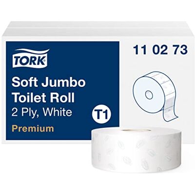 Tork 110273 Toilettenpapier Premiumqualität 2-lagig 6 x 1.800 Blatt Jumbo Toilettenpapiersystem, weiß mit Lorbeerblatt-Prägung Tork 110273 Toilettenpapier Premiumqualität 2-lagig 6 x 1.800 Blatt Jumbo Toilettenpapiersystem, weiß mit Lorbeerblatt-Prägung