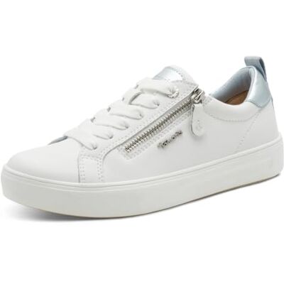 Tamaris Damen Wide Fit Damen Sneaker flach mit Reißverschluss Freizeit, weiß (White/Sky), 36 EU Tamaris Damen Wide Fit Damen Sneaker flach mit Reißverschluss Freizeit, weiß (White/Sky), 36 EU