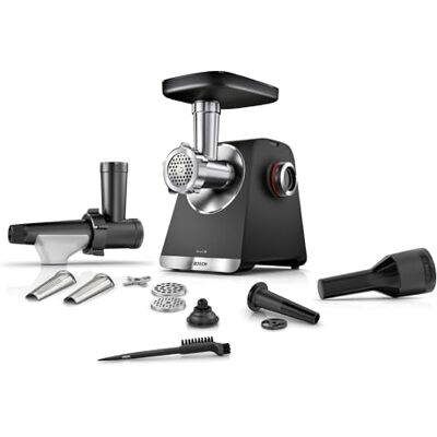 Bosch Fleischwolf Serie 6, 3 Lochscheiben (3, 4,5 / 8 mm) Edelstahl, spülmaschinenfest, Entsafter, Wurst-/ Kebbe-Aufsatz, elektrisch, stark, kompakt, 2.100 W, schwarz, MultiPower MFWS650B Bosch Fleischwolf Serie 6, 3 Lochscheiben (3, 4,5 / 8 mm) Edelstahl, spülmaschinenfest, Entsafter, Wurst-/ Kebbe-Aufsatz, elektrisch, stark, kompakt, 2.100 W, schwarz, MultiPower MFWS650B