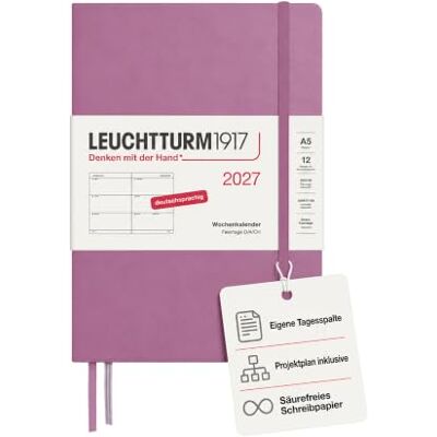 LEUCHTTURM1917 Wochenkalender 2027 Medium (A5) Deutsch, Dusty Rose, Hardcover, 145 x 210 mm, 12 Monate Januar-Dezember 2027, 1 Woche pro Doppelseite, 80 g/m² Papier mit hoher Tintenverträglichkeit LEUCHTTURM1917 Wochenkalender 2027 Medium (A5) Deutsch, Dusty Rose, Hardcover, 145 x 210 mm, 12 Monate Januar-Dezember 2027, 1 Woche pro Doppelseite, 80 g/m² Papier mit hoher Tintenverträglichkeit