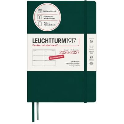 LEUCHTTURM1917 Wochenkalender 2027 Medium (A5) Deutsch, Forest Green, Hardcover, 145 x 210 mm, 18 Monate 07. 2026-12.2027, 1 Woche pro Doppelseite, 80 g/m² Papier mit hoher Tintenverträglichkeit LEUCHTTURM1917 Wochenkalender 2027 Medium (A5) Deutsch, Forest Green, Hardcover, 145 x 210 mm, 18 Monate 07. 2026-12.2027, 1 Woche pro Doppelseite, 80 g/m² Papier mit hoher Tintenverträglichkeit