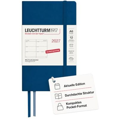 LEUCHTTURM1917 Wochenkalender 2027 Pocket (A6) Deutsch, Indigo, Hardcover, 90 x 150 mm, 12 Monate Januar-Dezember 2027, 1 Woche pro Doppelseite, 80 g/m² Papier mit hoher Tintenverträglichkeit LEUCHTTURM1917 Wochenkalender 2027 Pocket (A6) Deutsch, Indigo, Hardcover, 90 x 150 mm, 12 Monate Januar-Dezember 2027, 1 Woche pro Doppelseite, 80 g/m² Papier mit hoher Tintenverträglichkeit