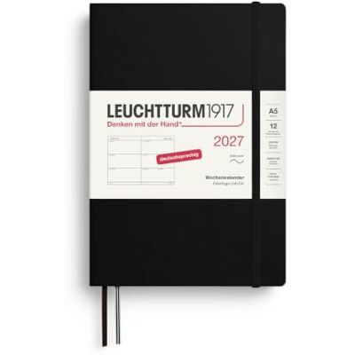 LEUCHTTURM1917 Wochenkalender 2027 Medium (A5) Deutsch, Schwarz, Softcover, 145 x 210 mm, 12 Monate Januar-Dezember 2027, 1 Woche pro Doppelseite, 80 g/m² Papier mit hoher Tintenverträglichkeit LEUCHTTURM1917 Wochenkalender 2027 Medium (A5) Deutsch, Schwarz, Softcover, 145 x 210 mm, 12 Monate Januar-Dezember 2027, 1 Woche pro Doppelseite, 80 g/m² Papier mit hoher Tintenverträglichkeit
