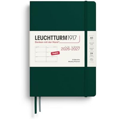 LEUCHTTURM1917 Wochenkalender 2027 Medium (A5) Englisch, Forest Green, Hardcover, 145 x 210 mm, 18 Monate 07. 2026-12.2027, 1 Woche pro Doppelseite, 80 g/m² Papier LEUCHTTURM1917 Wochenkalender 2027 Medium (A5) Englisch, Forest Green, Hardcover, 145 x 210 mm, 18 Monate 07. 2026-12.2027, 1 Woche pro Doppelseite, 80 g/m² Papier