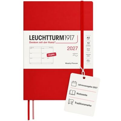 LEUCHTTURM1917 Wochenkalender 2027 Medium (A5) Englisch, Cherry, Softcover, 145 x 210 mm, 12 Monate Januar-Dezember 2027, 1 Woche pro Doppelseite, 80 g/m² Papier mit hoher Tintenverträglichkeit LEUCHTTURM1917 Wochenkalender 2027 Medium (A5) Englisch, Cherry, Softcover, 145 x 210 mm, 12 Monate Januar-Dezember 2027, 1 Woche pro Doppelseite, 80 g/m² Papier mit hoher Tintenverträglichkeit
