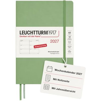 LEUCHTTURM1917 Wochenkalender 2027 Medium (A5) Deutsch, Salbei, Hardcover, 145 x 210 mm, 12 Monate Januar-Dezember 2027, 1 Woche pro Doppelseite, 80 g/m² Papier mit hoher Tintenverträglichkeit LEUCHTTURM1917 Wochenkalender 2027 Medium (A5) Deutsch, Salbei, Hardcover, 145 x 210 mm, 12 Monate Januar-Dezember 2027, 1 Woche pro Doppelseite, 80 g/m² Papier mit hoher Tintenverträglichkeit