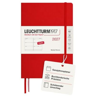 LEUCHTTURM1917 Wochenkalender 2027 Medium (A5) Englisch, Cherry, Hardcover, 145 x 210 mm, 12 Monate Januar-Dezember 2027, 1 Woche pro Doppelseite, 80 g/m² Papier mit hoher Tintenverträglichkeit LEUCHTTURM1917 Wochenkalender 2027 Medium (A5) Englisch, Cherry, Hardcover, 145 x 210 mm, 12 Monate Januar-Dezember 2027, 1 Woche pro Doppelseite, 80 g/m² Papier mit hoher Tintenverträglichkeit