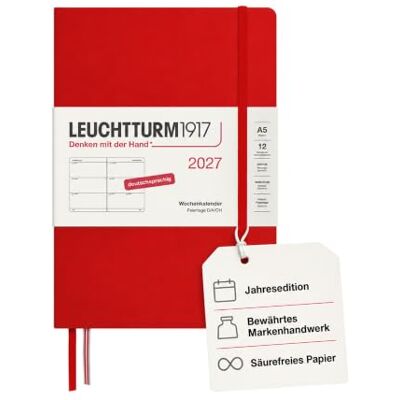 LEUCHTTURM1917 Wochenkalender 2027 Medium (A5) Deutsch, Cherry, Hardcover, 145 x 210 mm, 12 Monate Januar-Dezember 2027, 1 Woche pro Doppelseite, 80 g/m² Papier mit hoher Tintenverträglichkeit LEUCHTTURM1917 Wochenkalender 2027 Medium (A5) Deutsch, Cherry, Hardcover, 145 x 210 mm, 12 Monate Januar-Dezember 2027, 1 Woche pro Doppelseite, 80 g/m² Papier mit hoher Tintenverträglichkeit