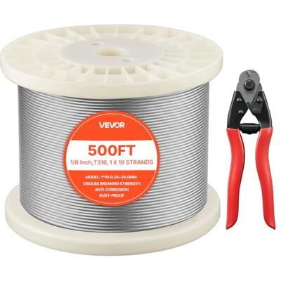 VEVOR Edelstahldrahtseil φ3,2 mm 152,4 m Länge, Drahtseil aus Edelstahl 316 mit einer Bruchlast von 798 kg, 1x19 Litzen, Stahlseil für Terrassengeländer, Gartenspaliere, inkl. Drahtschneider VEVOR Edelstahldrahtseil φ3,2 mm 152,4 m Länge, Drahtseil aus Edelstahl 316 mit einer Bruchlast von 798 kg, 1x19 Litzen, Stahlseil für Terrassengeländer, Gartenspaliere, inkl. Drahtschneider
