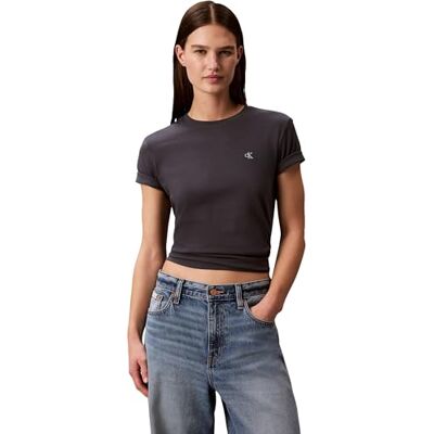 Calvin Damen T-Shirt Kurzarm Archive Jersey Tee mit Rundhalsausschnitt, Grau (Ebony), XS Calvin Damen T-Shirt Kurzarm Archive Jersey Tee mit Rundhalsausschnitt, Grau (Ebony), XS