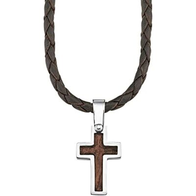 s.Oliver Kette mit Kreuzanhänger für Jungen, Anhänger: Holz/Edelstahl, Kette: Echtes Leder, Silber/Braun s.Oliver Kette mit Kreuzanhänger für Jungen, Anhänger: Holz/Edelstahl, Kette: Echtes Leder, Silber/Braun