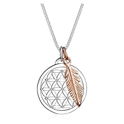 Elli Halskette Damen Lebensblume Feder Anhänger Bi-Color in 925 Sterling Silber Elli Halskette Damen Lebensblume Feder Anhänger Bi-Color in 925 Sterling Silber