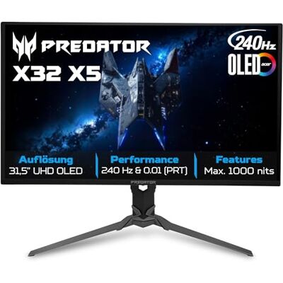 Acer Predator X32X5 OLED Gaming Monitor 32 Zoll (80 cm), 4K, 240Hz 32 Zoll (80 cm Bildschirm) 4K, QD-OLED, 240Hz, 0.01ms (PRT), HDMI 2.1, DP 1.4, USB-C (90 Watt), USB HUB, VESA Acer Predator X32X5 OLED Gaming Monitor 32 Zoll (80 cm), 4K, 240Hz 32 Zoll (80 cm Bildschirm) 4K, QD-OLED, 240Hz, 0.01ms (PRT), HDMI 2.1, DP 1.4, USB-C (90 Watt), USB HUB, VESA