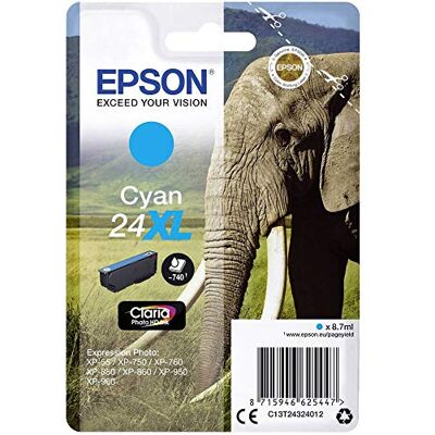 Epson 24XL Cyan Elephant High Yield Genuine, Claria Photo HD Ink Cartridge, XL High Capacity Epson 24XL Cyan Elephant High Yield Genuine, Claria Photo HD Ink Cartridge, XL High Capacity