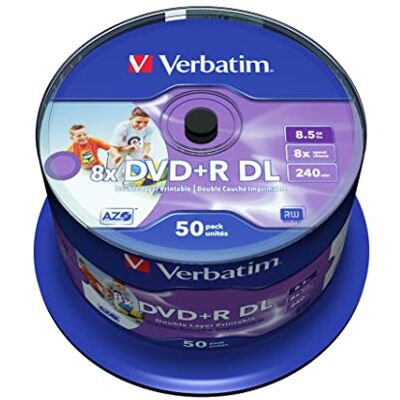 Verbatim DVD+R Double Layer Wide Inkjet Printable 8.5GB I 50er Pack Spindel I DVD Rohlinge bedruckbar I 8-fache Brenngeschwindigkeit & Hardcoat Scratch Guard I DVD-R printable I DVD leer, 43703 Verbatim DVD+R Double Layer Wide Inkjet Printable 8.5GB I 50er Pack Spindel I DVD Rohlinge bedruckbar I 8-fache Brenngeschwindigkeit & Hardcoat Scratch Guard I DVD-R printable I DVD leer, 43703