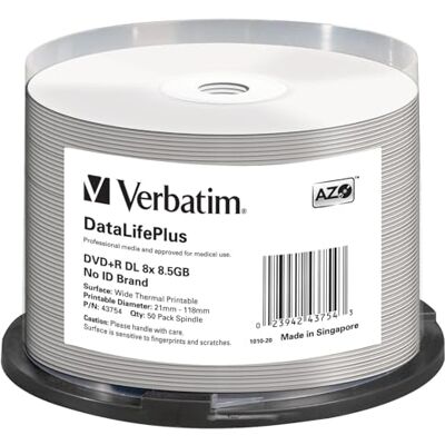 Verbatim DVD-R 8x Double Layer Wide Thermal Printable 8.5GB, DataLifePlus, 50er Pack Spindel, DVD Rohlinge thermal bedruckbar, 8-fache Brenngeschwindigkeit, DVD-R printable, DVD leer Verbatim DVD-R 8x Double Layer Wide Thermal Printable 8.5GB, DataLifePlus, 50er Pack Spindel, DVD Rohlinge thermal bedruckbar, 8-fache Brenngeschwindigkeit, DVD-R printable, DVD leer
